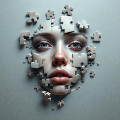 The primary subject of the image is a woman's face, which is covered in various pieces of puzzle pieces. The setting is a gray background, and the visual style appears to be a digital art or illustration. The colors and mood of the image are predominantly dark and mysterious, with the puzzle pieces adding an element of intrigue to the overall composition.